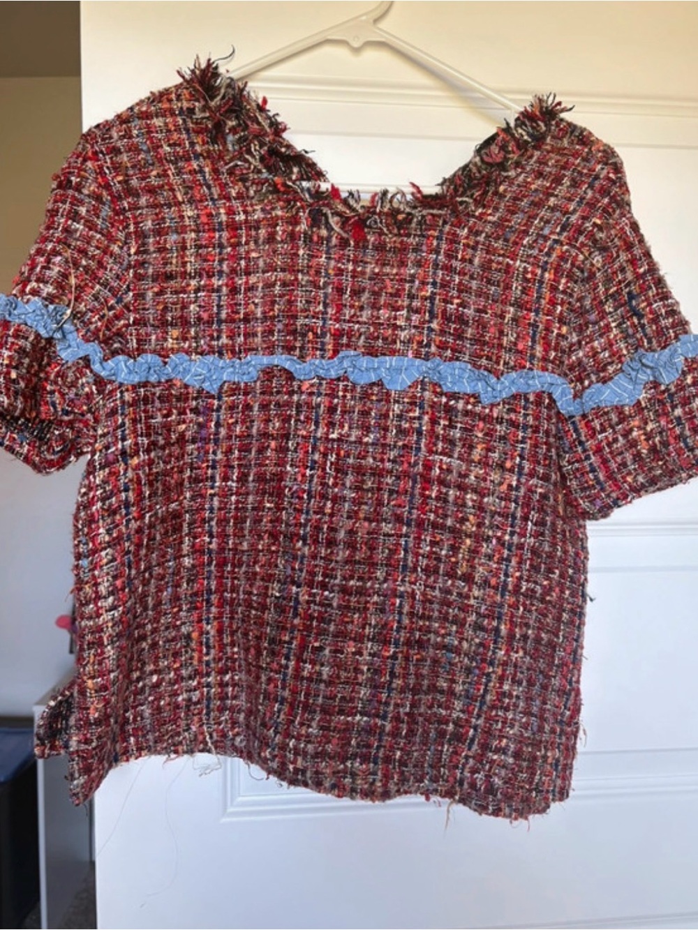 Zara Red Tweed Short Sleeve Top with Light Blue Trim